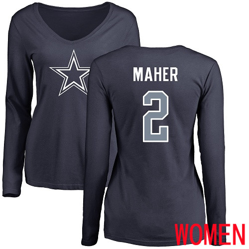 Women Dallas Cowboys Navy Blue Brett Maher Name and Number Logo Slim Fit 2 Long Sleeve Nike NFL T Shirt
